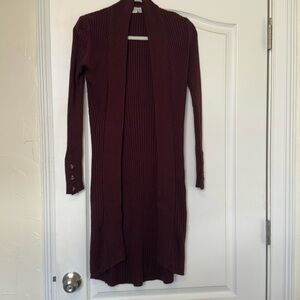 Deep maroon long cardigan with cute button sleeve detail. Size small.